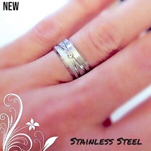 New Stainless Steel Unisex Brushed Zircon band Ring